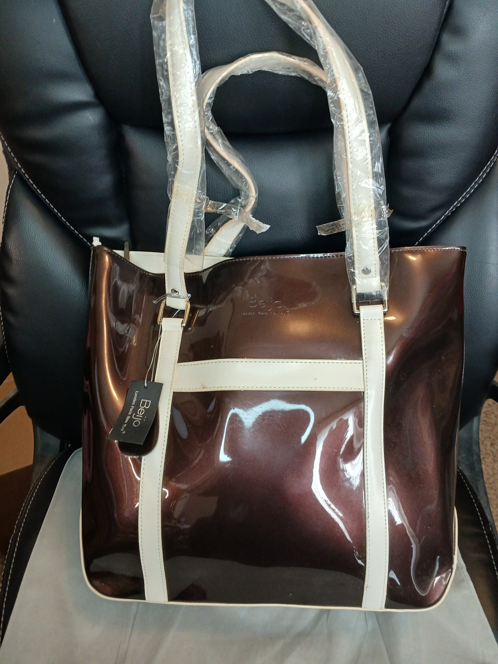 Beijo Shiny Chocolate Brown Tote with White Trim